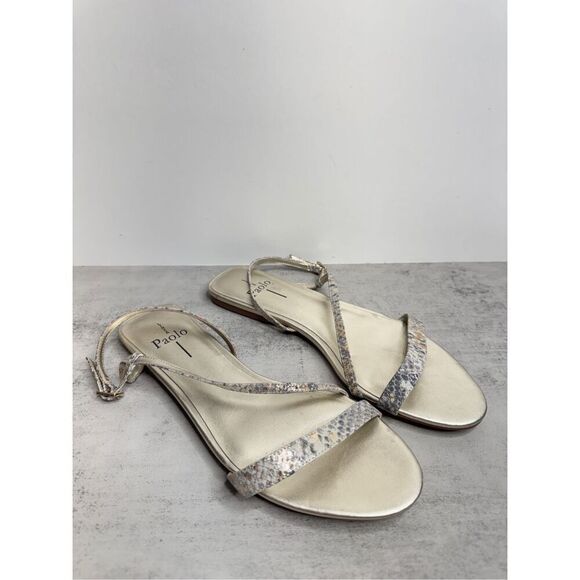 Linea Paolo Sandals Size 8.5 Leather in Gold Snakeskin Print Strappy Flat Sandal - Picture 3 of 7